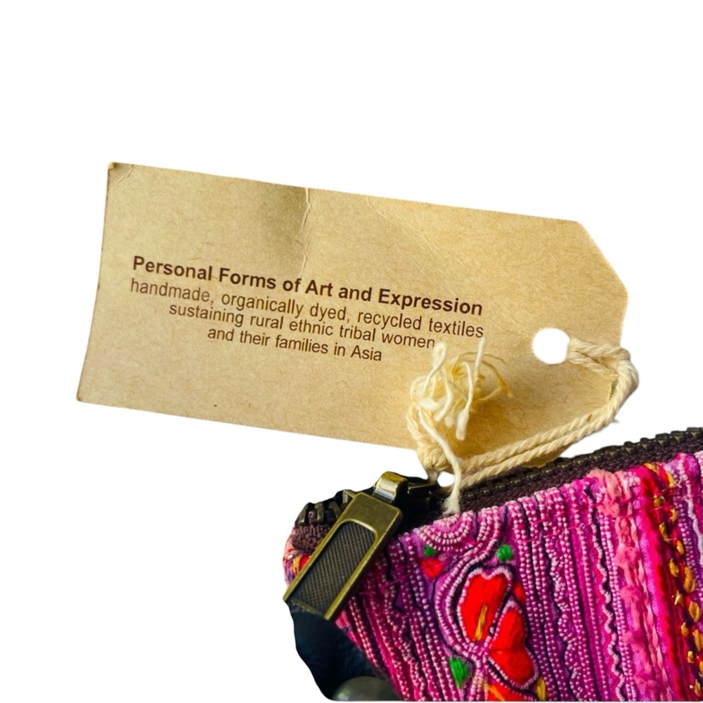 Pink Toned Handcrafted Woven Jade Tribe Clutch pull tab and leather Fringe - Picture 8 of 12